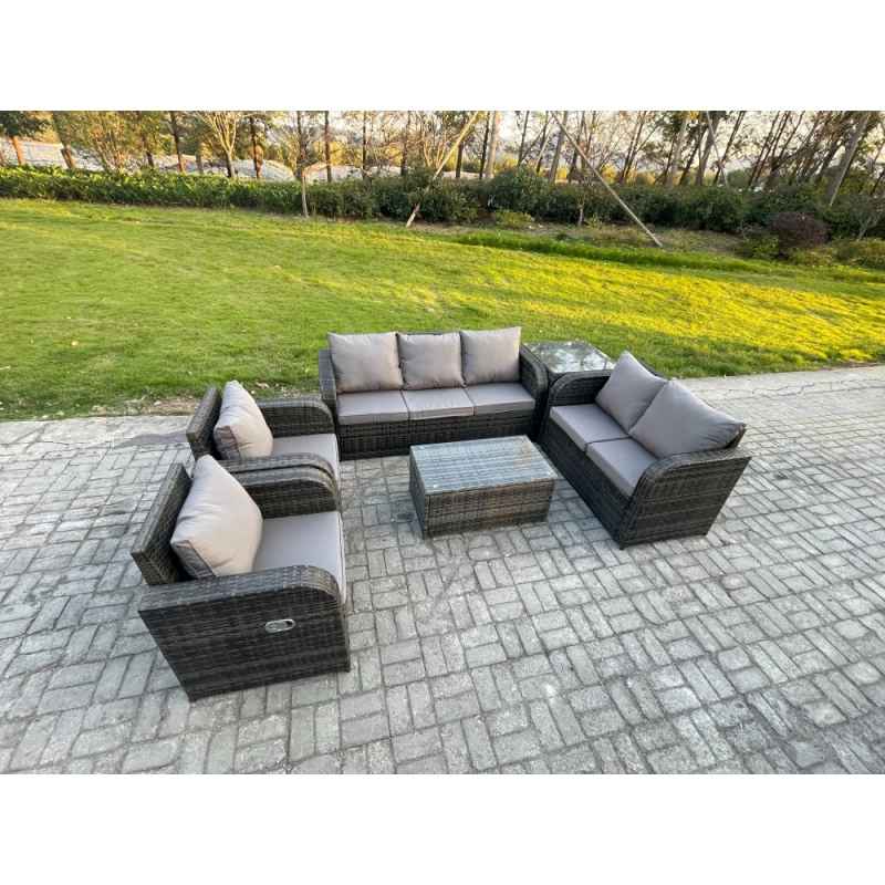 Fimous 7 Seater Rattan Wicker Garden Furniture Patio Conservatory Sofa Set with Rectangular Coffee Table 3 Seater Sofa Love Sofa Side Table
