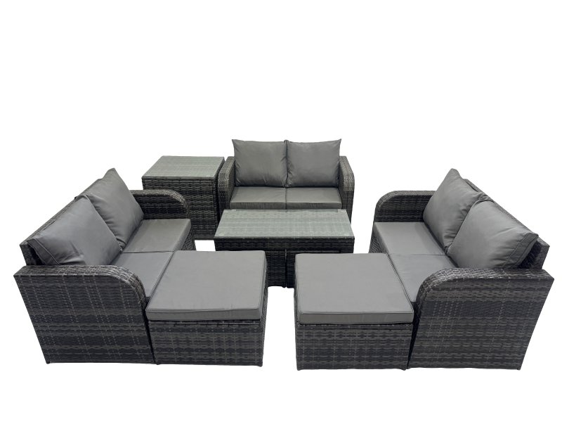 Fimous 3 Seater Sofa Reclining Chair Coffee Table Set Rattan Garden Outdoor Furniture Set with Side Table 2 Big Footstools Dark Grey Mixed