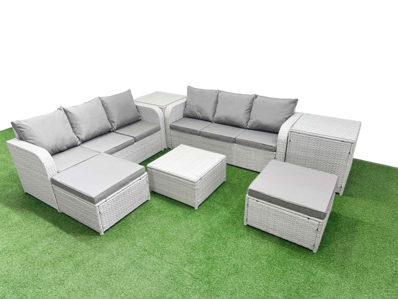 Fimous Outdoor Garden Furniture Sets 8 Seater Wicker Rattan Furniture Sofa Sets with Square Coffee Table high Back Lounge Sofa 2 Big Footstool 2 Side Table Light Grey
