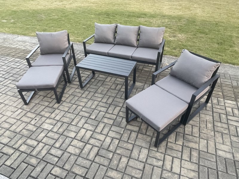 Fimous Aluminium 6 Pieces Garden Furniture Sofa Set with Cushions 7 Seater Outdoor Patio Set with 2 Armchair 2 Big Footstools Dark Grey