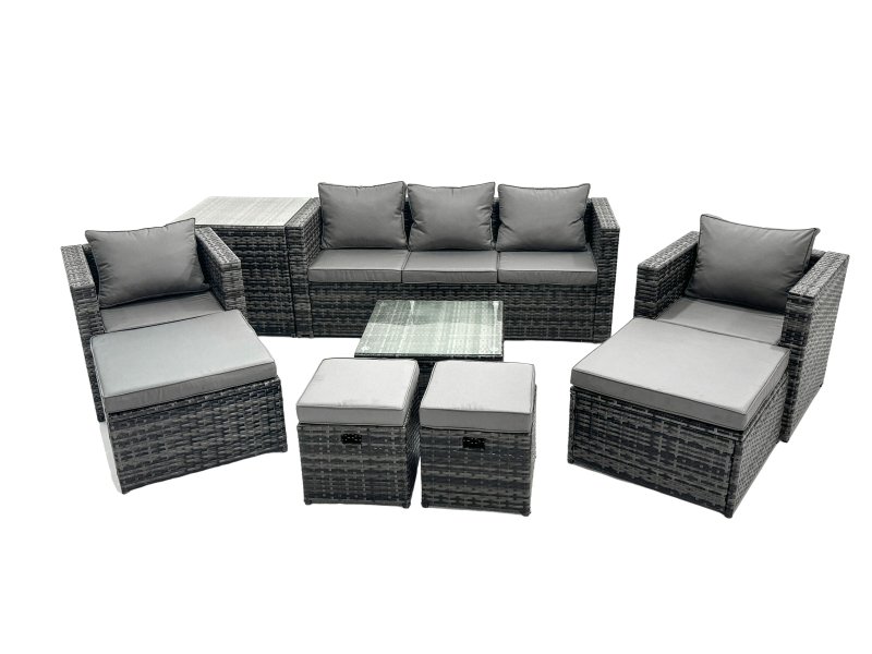 Fimous Outdoor Rattan Garden Furniture Set 9 Seater Patio Lounge Sofa Set with Armchair Square Coffee Table Side Table 4 Footstool Dark Grey Mixed