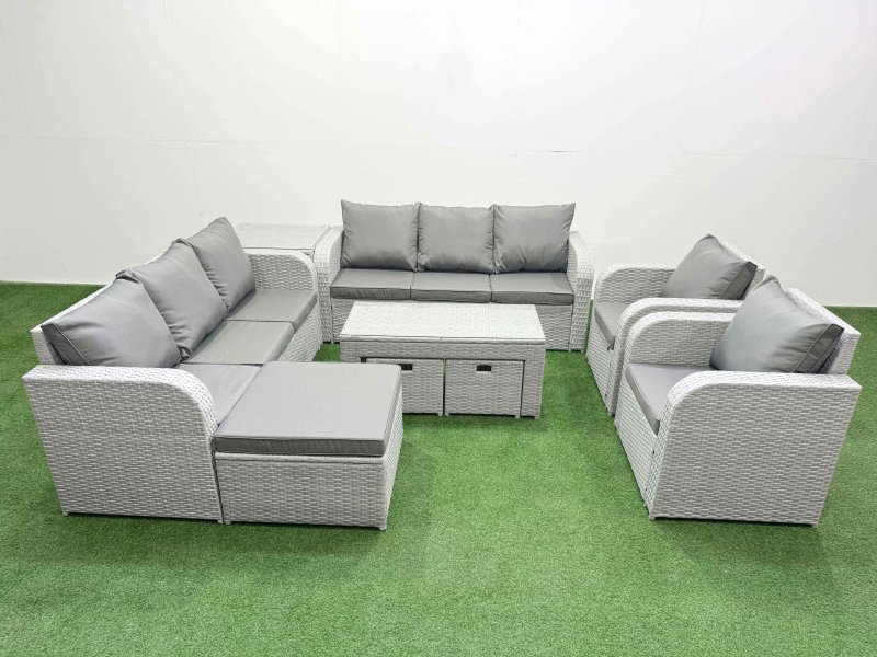 Fimous PE Rattan High Back Lounge Sofa Set Patio Oblong Coffee Table & Chairs Set with 3 Seater Sofa Reclining Chair 3 Stools Side Table Light Grey