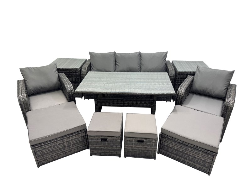 Fimous 8 Seat Outdoor Wicker PE Rattan Garden Furniture Set Dining Table Sofa Set with 4 Stools 2 Side Tables Dark Grey Mixed