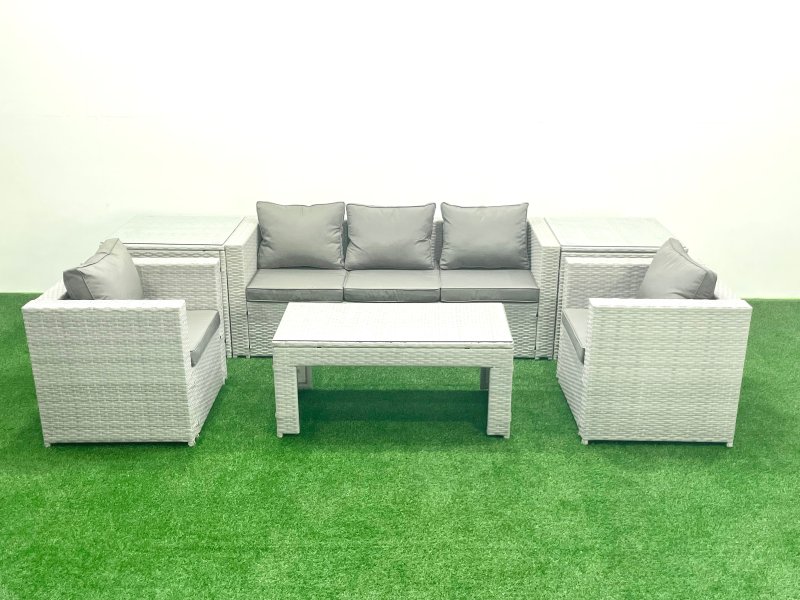 Fimous Rattan Garden Furniture Set 6 Pieces Outdoor Garden Sofa Oblong Coffee Table Set with 2 Chairs 2 Side Tabes Light Grey Mixed