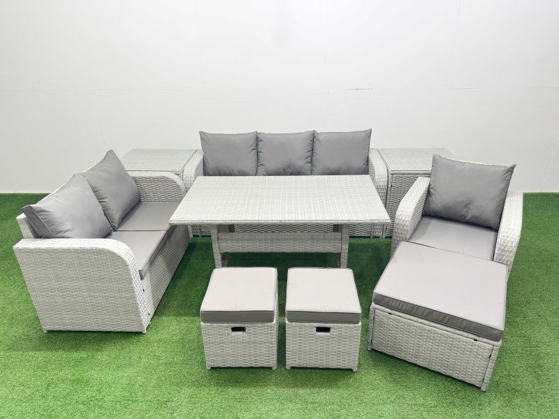 Fimous Patio PE Wicker 9 Seater Outdoor Rattan Furniture Sofa Sets with Rectangular Dining Table Reclining Chair Loveseat Sofa 3 Seater Sofa Stool 2 Side Table Light Grey