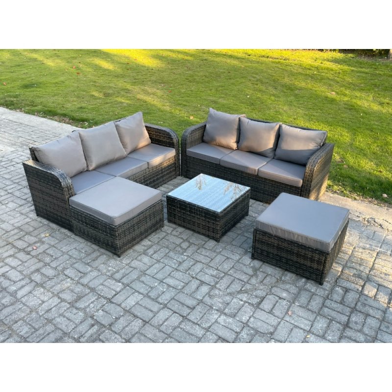 Fimous Indoor Outdoor Rattan Garden Furniture 8 Seater Set Table Sofa Chair Patio Conservatory with Grey Cushions 2 Big Footstool