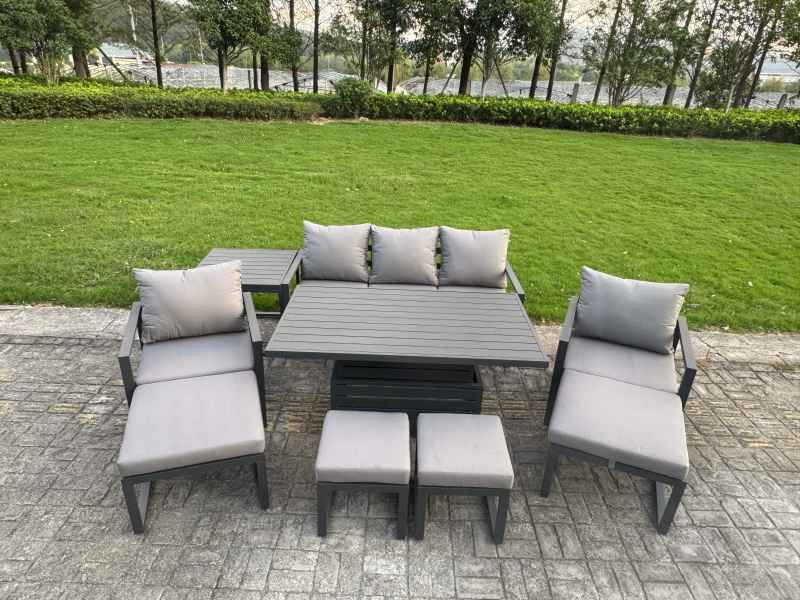 Fimous Aluminium Garden Furniture Sets 9 Seater Outdoor Sofa Set with Adjustable Rising Lifting Dining Table 2 Chairs 4 Footstools