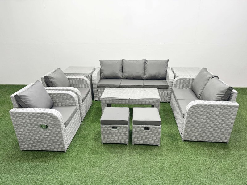 Fimous PE Rattan Garden Furniture Set Adjustable Chair Sofa Double Love Seat 2 Seater Sofa Lounge Set Rectangular Coffee Table 2 Stools 2 Side Table Light Grey