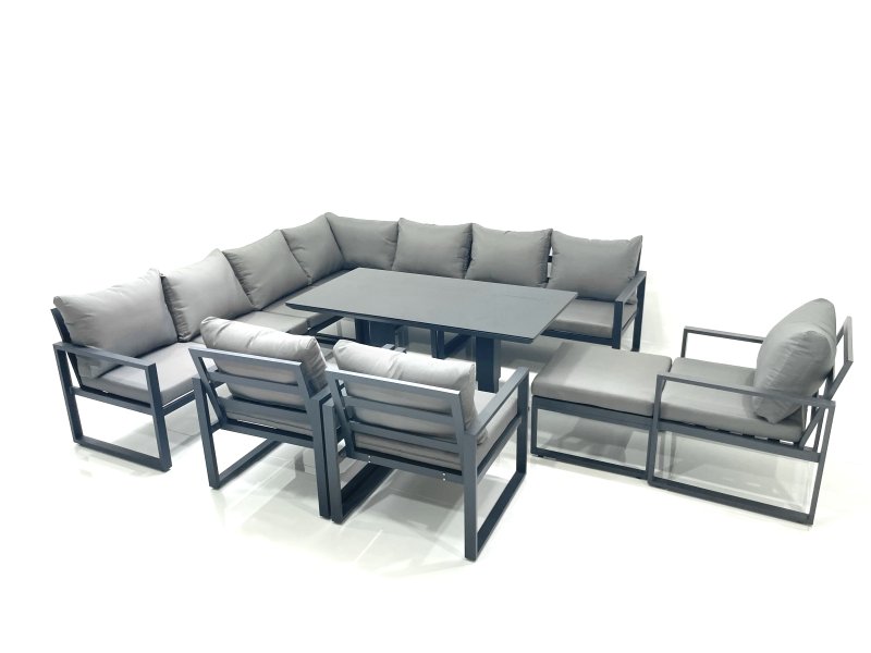 Fimous 11 Seater Outdoor Aluminum Garden Furniture Set Corner Sofa Big Footstool 3 Chairs Adjustable Rising Lifting Dining Table Sets Dark Grey