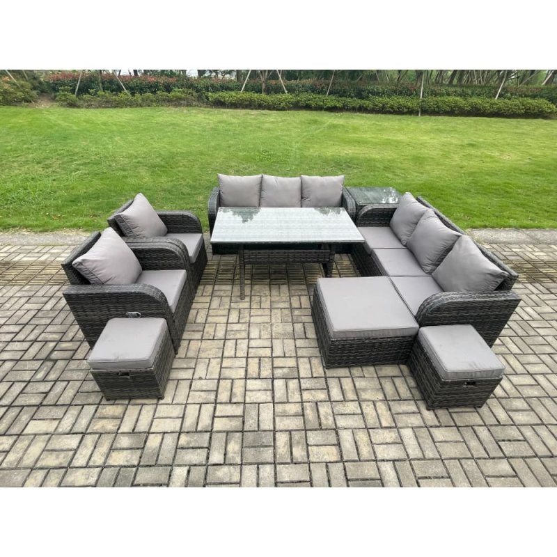 Fimous Outdoor Garden Patio Furniture Wicker Rattan Oblong Rectangular Dining Table and Lounge Sofa set with Adjustable Chair Side Table 3 Footstool Dark Grey Mixed