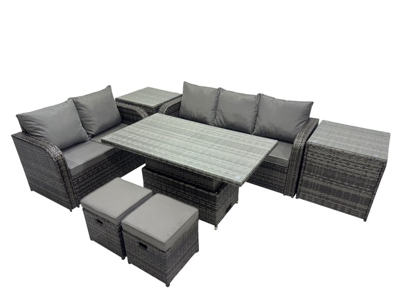 Fimous Rattan Garden Furniture Dining Set 7-seater Patio Height Adjustable Rising Lifting Table Sofa Set with 2 Small Footstools Dark Grey Mixed
