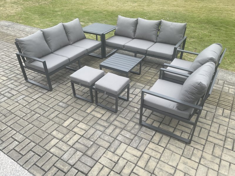Fimous Aluminium Patio Outdoor Garden Furniture Lounge Sofa Set with Square Coffee Table 2 Chairs Side Table 2 Small Footstool Dark Grey