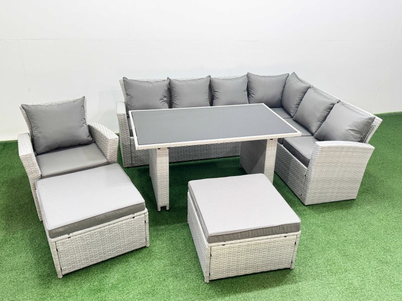 Fimous Outdoor Garden Furniture Sets 9 Seater Wicker Rattan Corner Sofa Sets with Rectangular Dining Table Lounge Sofa 2 Big Footstools Armchair Light Grey