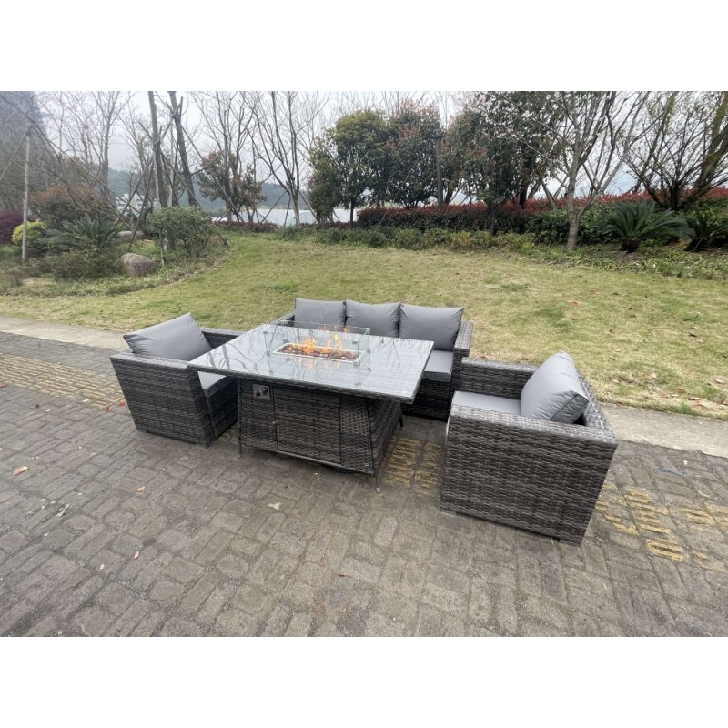 Fimous 5 Seater Outdoor PE Rattan Garden Furniture Gas Fire Pit Dining Table Lounge Sofa 2 PC Armchairs Dark Grey Mixed Patio