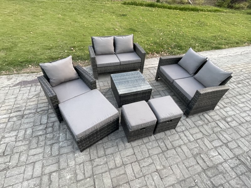 Fimous 8 Seater Outdoor Rattan Garden Furniture Set Conservatory Patio Sofa Coffee Table Set with Chair 3 Footstools Dark Grey Mixed