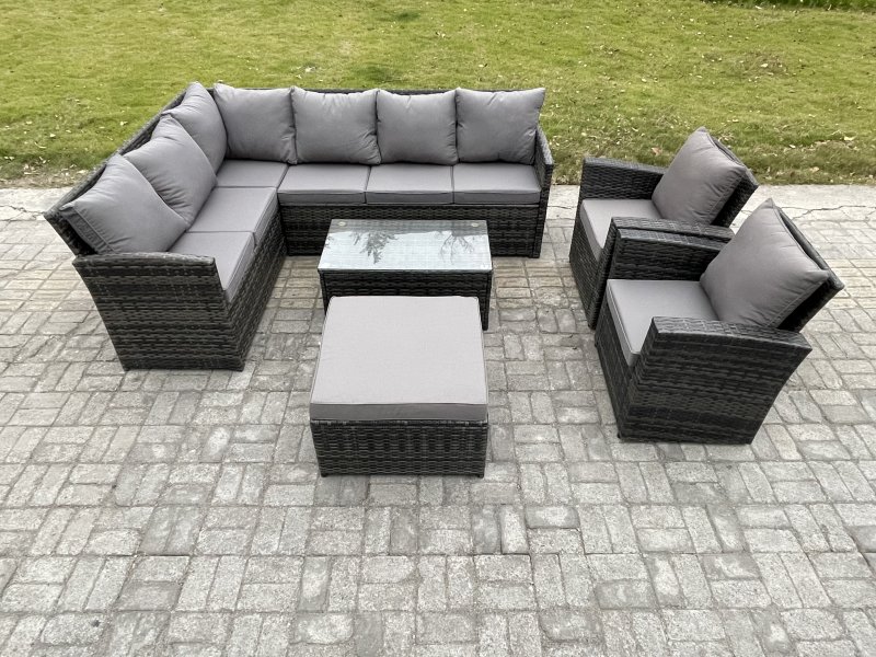 Fimous 9 Seater Rattan Garden Furniture Sets High Back Corner Sofa Rectangular Coffee Table Set with Big Footstool 2 Armchairs Dark Grey Mixed