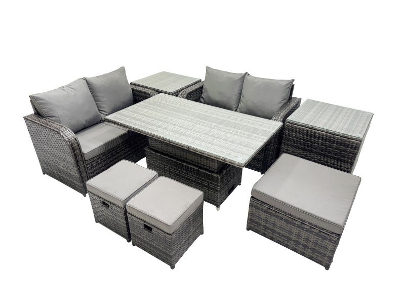Fimous 7-seater Patio Height Adjustable Rising Lifting Table Sofa Sets Rattan Garden Furniture Dining Set with 2 Side Table 3 Stools Dark Grey Mixed