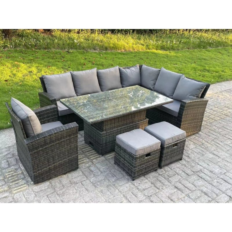 Fimous High Back Rattan Garden Furniture Corner Sofa Sets Adjustable Rising Table Dark Mixed Grey 9 seater right corner