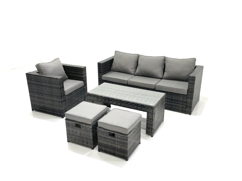 Fimous Rattan Garden Furniture Set Outdoor Lounger Sofa with Coffee Table Armchair 2 Small Footstools Dark Grey Mixed