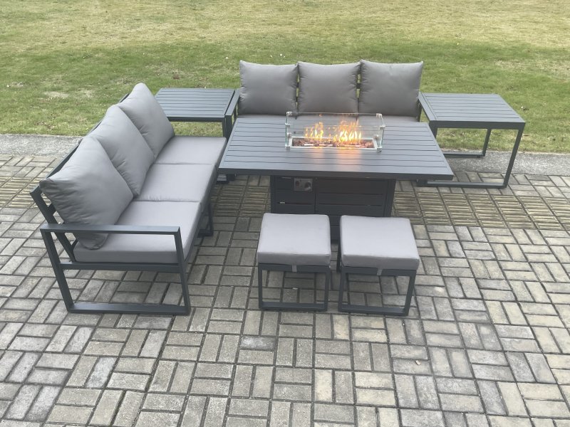 Fimous Aluminium 8 Seater Outdoor Garden Furniture Lounge Sofa Set Gas Fire Pit Dining Table with 2 Small Footstools 2 Side Tables Dark Grey