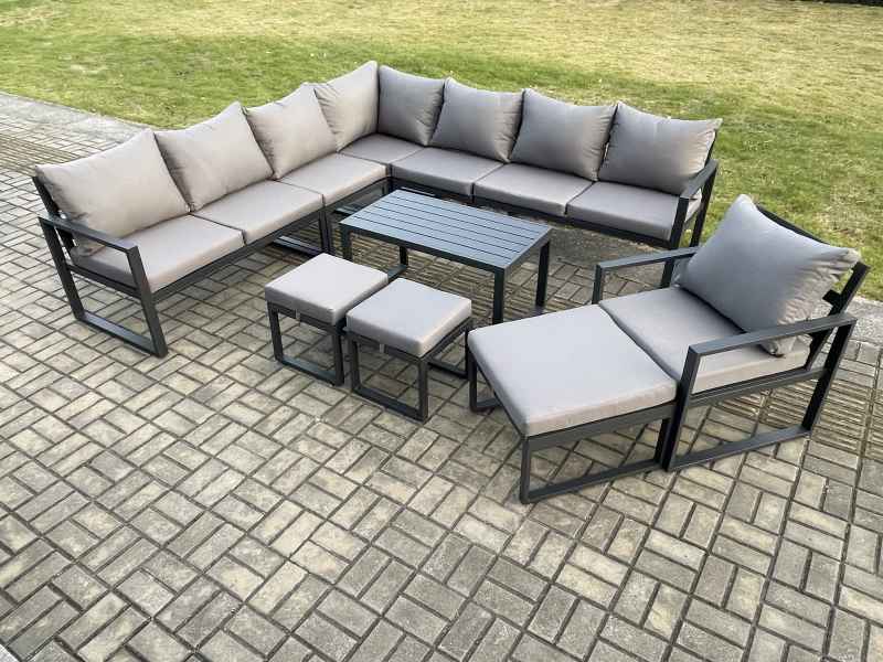 Fimous Aluminium Outdoor Garden Furniture Set Lounge Corner Sofa Oblong Coffee Table Chair Sets with 3 Footstools Dark Grey