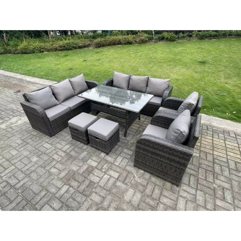 Fimous 10 Seater Dark Grey PE Wicker Rattan Garden Furniture Set Reclining Chair Lounge 3 Seater Sofa Set Outdoor Rectangular Dining Table Stools