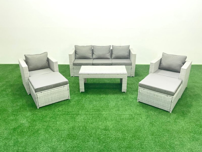Fimous Rattan Garden Furniture Set 7 Seater Outdoor Garden Sofa 2 Chairs Oblong Coffee Table Set with 2 Stools Light Grey Mixed
