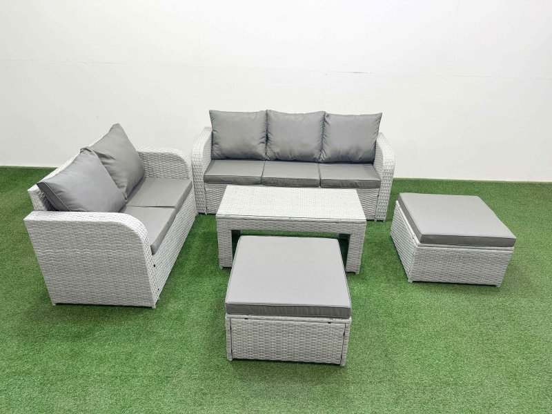 Fimous 7 Seater PE Rattan Wicker Garden Furniture Patio Conservatory Sofa Set with Oblong Coffee Table 3 Seater Sofa Love Sofa 2 Big Footstool