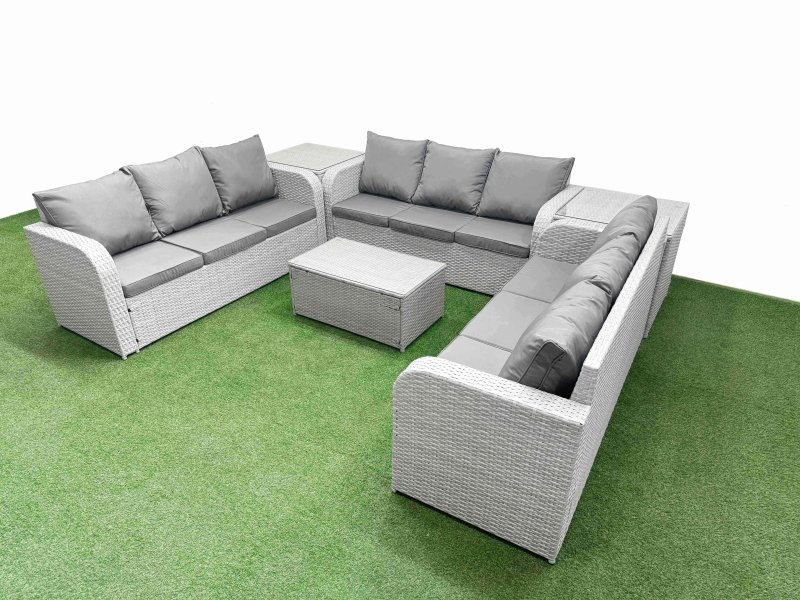 Fimous PE Rattan Lounge Sofa Set 9 Seater Outdoor Garden Furniture Set with Rectangular Coffee Table 3 Seater Sofa 2 Side Table Light Grey