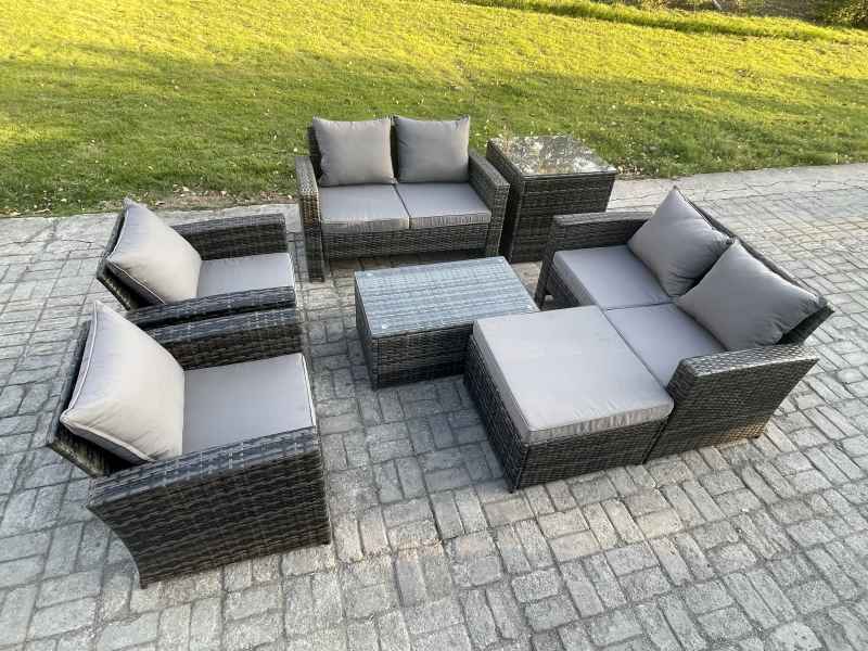 Fimous Garden Furniture Sets 7 Pieces Outdoor Rattan Furniture Manual Wicker Patio Sofa Chair Set with Coffee Table Big Footstool Side Table Dark Grey Mixed