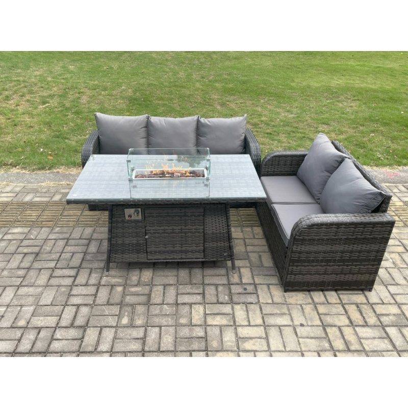 Fimous Rattan Garden Furniture Set with Gas Fire Pit Table 3 Pieces Outdoor Lounge Sofa Set Dark Grey Mixed