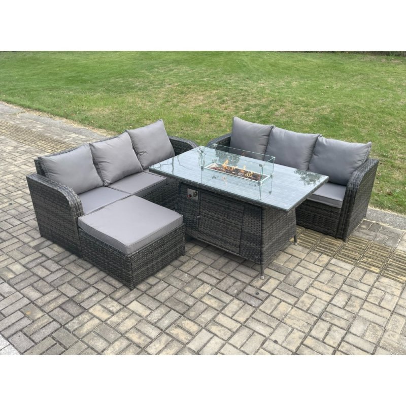 Fimous Rattan Garden Furniture Set with Fire Pit Table 7 Seater Outdoor Patio Lounge Sofa Set Dark Grey Mixed