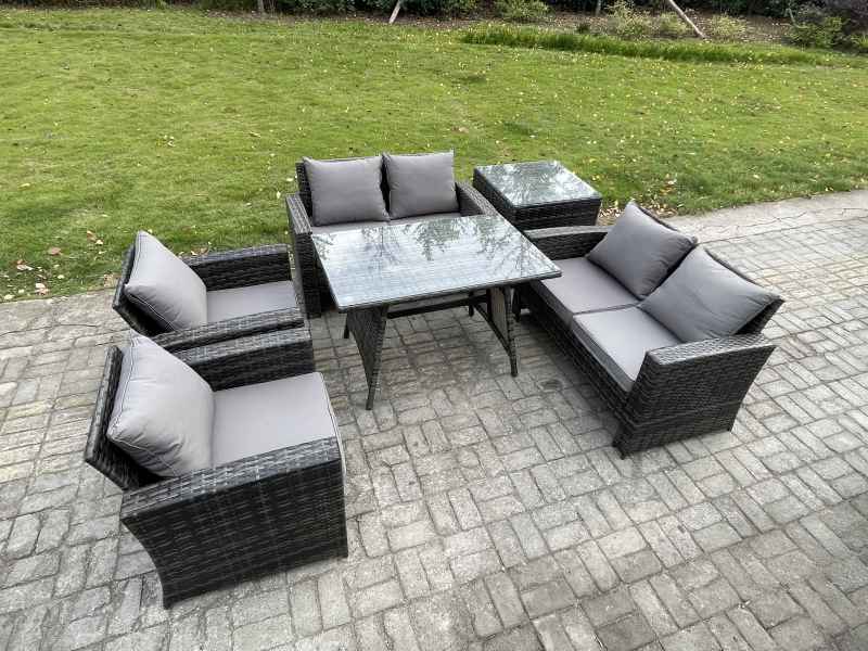 Fimous Rattan Garden Furniture Set 6 Seater Patio Outdoor Lounge Sofa Set with Rectangular Dining Table Love Seat Sofa Side Table Dark Grey Mixed