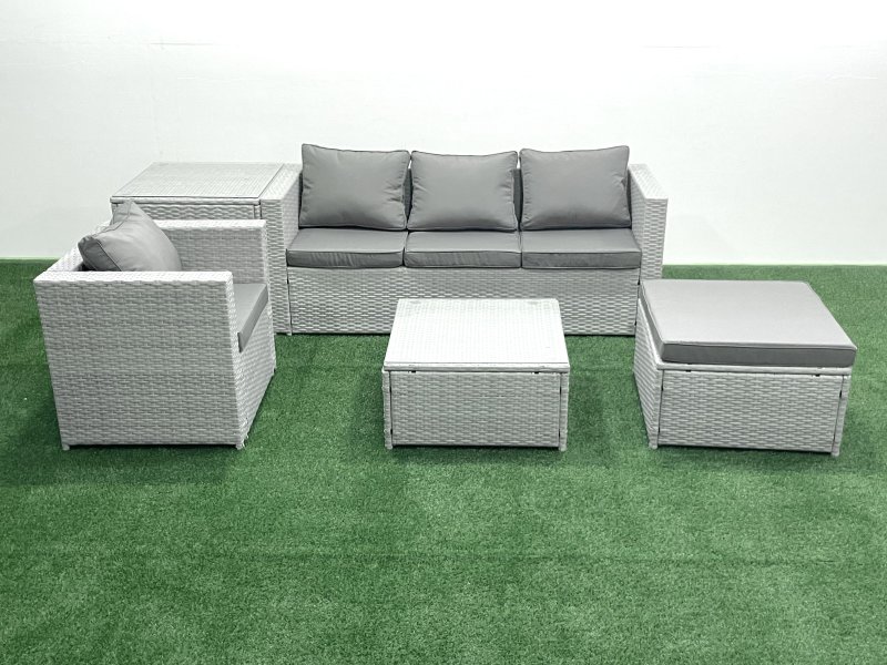 Fimous Garden Outdoor Furniture Set 5 Seater Rattan Sofa Set with Big Footstool Armchair Side Table Light Grey Mixed
