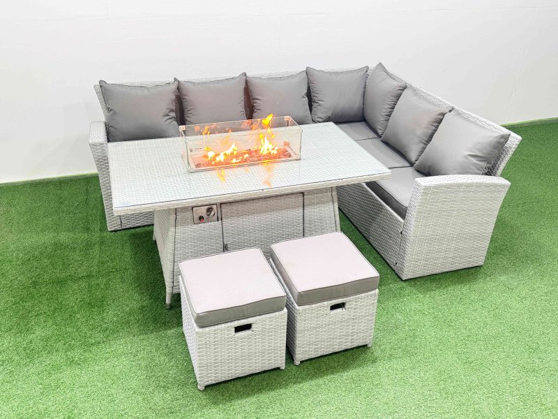 Fimous 8 Seat Rattan Garden Furniture Corner Sofa Set Outdoor Gas Fire Pit Table Set with 2 Small Footstools Light Grey