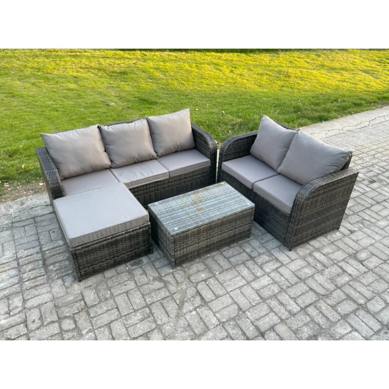 Fimous 6 Seater Rattan Wicker Garden Furniture Patio Conservatory Sofa Set with Rectangular Coffee Table 3 Seater Sofa Love Sofa Big Footstool