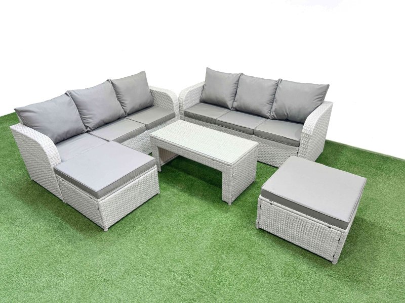Fimous Outdoor Garden Furniture Sets 8 Seater Wicker Rattan Furniture Sofa Sets with Oblong Coffee Table high Back Lounge Sofa 2 Big Footstool Light Grey