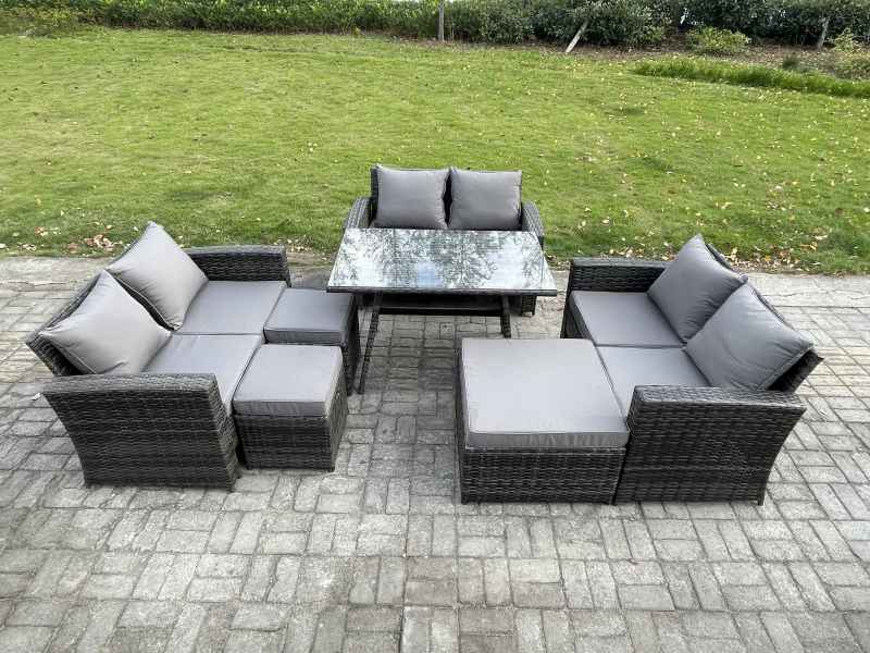 Fimous Outdoor Lounge Sofa Set Wicker PE Rattan Garden Furniture Set with Rectangular Dining Table 2 Seat Sofa 3 Footstools Dark Grey Mixed