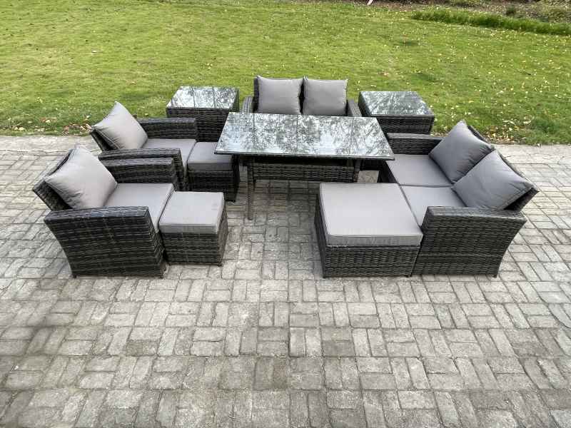 Fimous Garden Furniture Sets 10 Pieces Rattan Furniture Handmade Wicker Patio Sofa Set with 3 Footstools 2 Side Tables Dark Grey Mixed