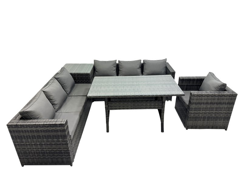 Fimous 7 Seater Outdoor Corner Sofa Chair Dining Table Set Garden Rattan Furniture Set with Side Table Dark Grey