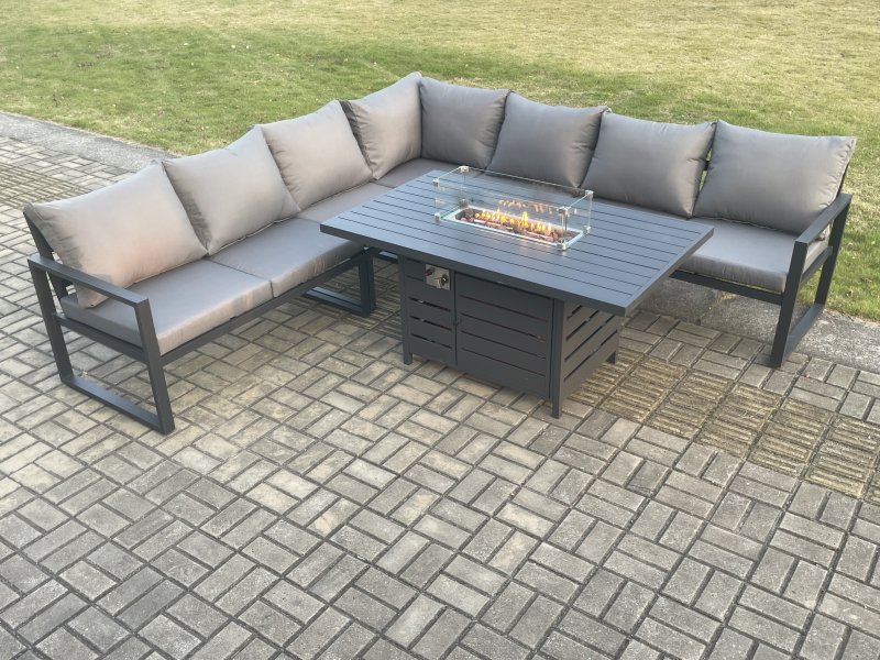 Fimous Aluminium 6 Pieces Garden Furniture Corner Sofa Set with Cushions Gas Fire Pit Dining Table Set Gas Heater Burner Dark Grey