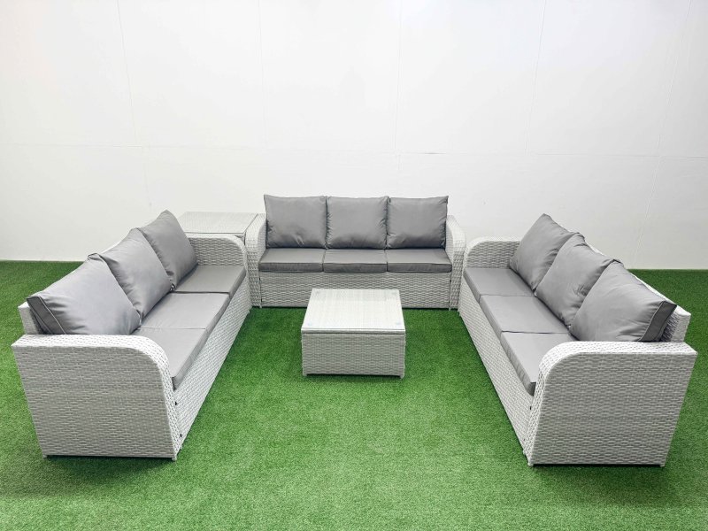 Fimous PE Rattan Lounge Sofa Set 9 Seater Outdoor Garden Furniture Set with Square Coffee Table 3 Seater Sofa Side Table Light Grey