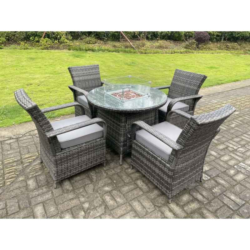 Fimous Rattan Garden Furniture Gas Fire Pit Round Dining Table Gas Heater And Dining Chairs 4 Seater