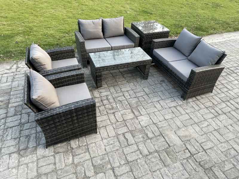 Fimous 6 Seater Dark Grey Mixed High Back Rattan Sofa Set Coffee Table Garden Furniture Outdoor Patio With Love Sofa Arm Chairs Side Table