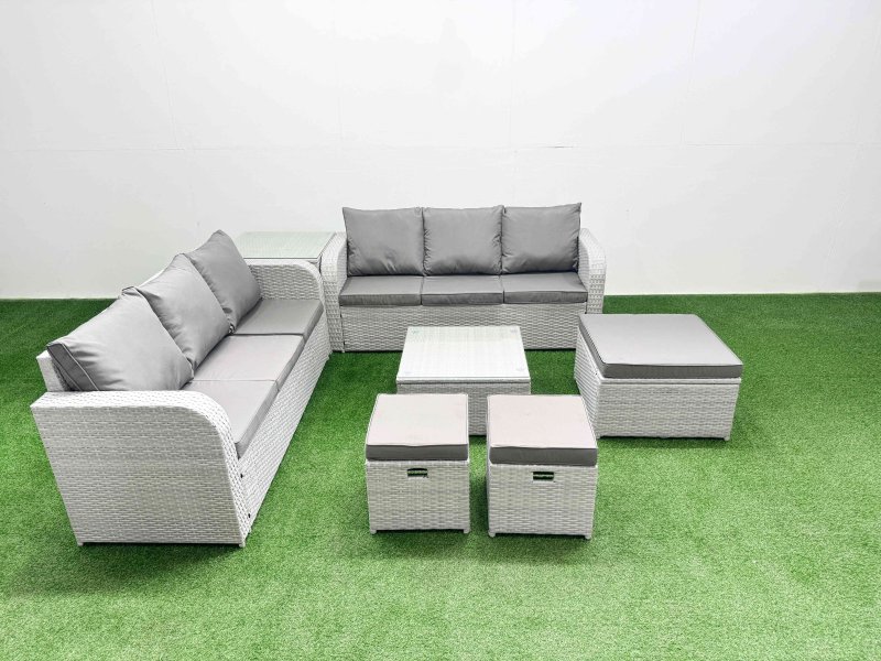 Fimous Outdoor Garden Furniture Sets 9 Seater Wicker Rattan Furniture Sofa Sets with Square Coffee Table high Back Lounge Sofa 3 Stools Side Table Light Grey
