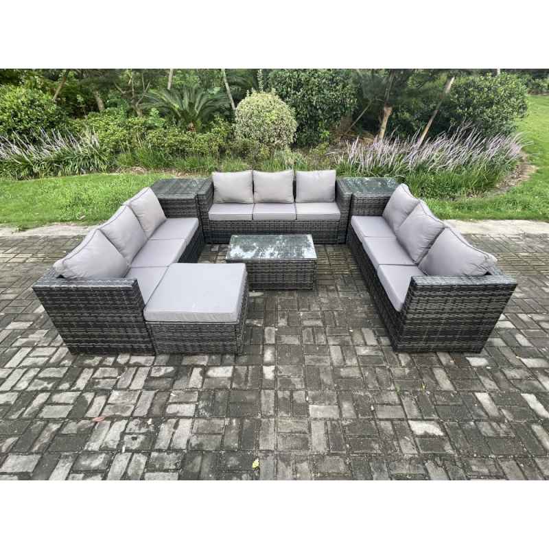 Fimous 10 Seater Outdoor Lounge Sofa Set Wicker PE Rattan Garden Furniture Set with Oblong Coffee Table 2 Side Tables Big Footstool Dark Grey Mixed