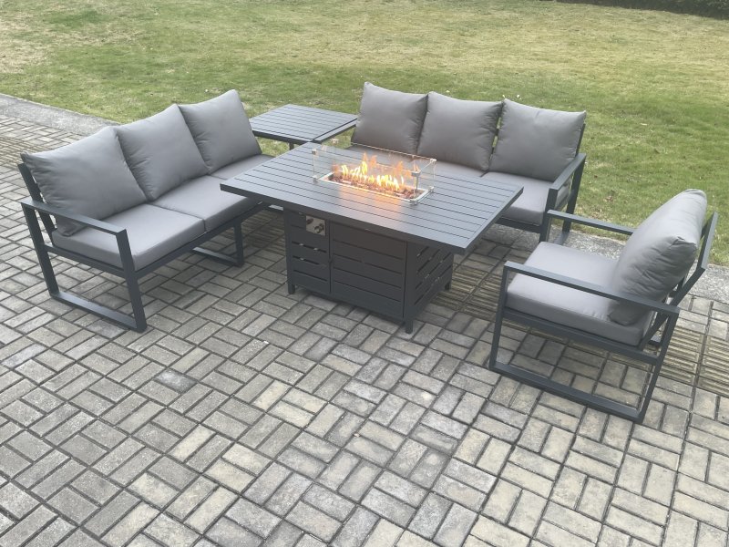 Fimous Aluminium Outdoor Lounge Sofa Garden Furniture Sets Gas Fire Pit Dining Table Set with Side Table Dark Grey