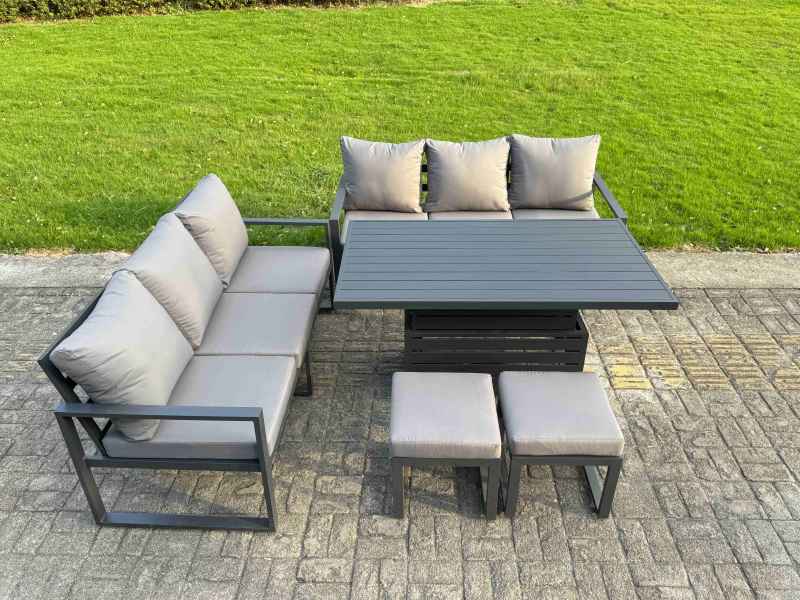 Fimous 6 Pieces Garden Furniture Set Aluminium Adjustable Rising Lifting Dining Table and Sofa Set with 2 Side Tables Big Footstool Dark Grey