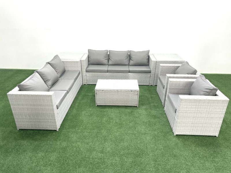 Fimous Outdoor Rattan Sofa Garden Furniture Set with 2 Armchairs Oblong Coffee Table 2 Side Tables Light Grey Mixed