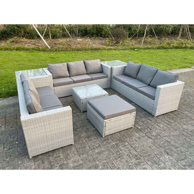 Fimous 10 Seater Wicker Light Grey Lounge Rattan Sofa Set Outdoor Garden Furniture Conservatory Patio Furniture